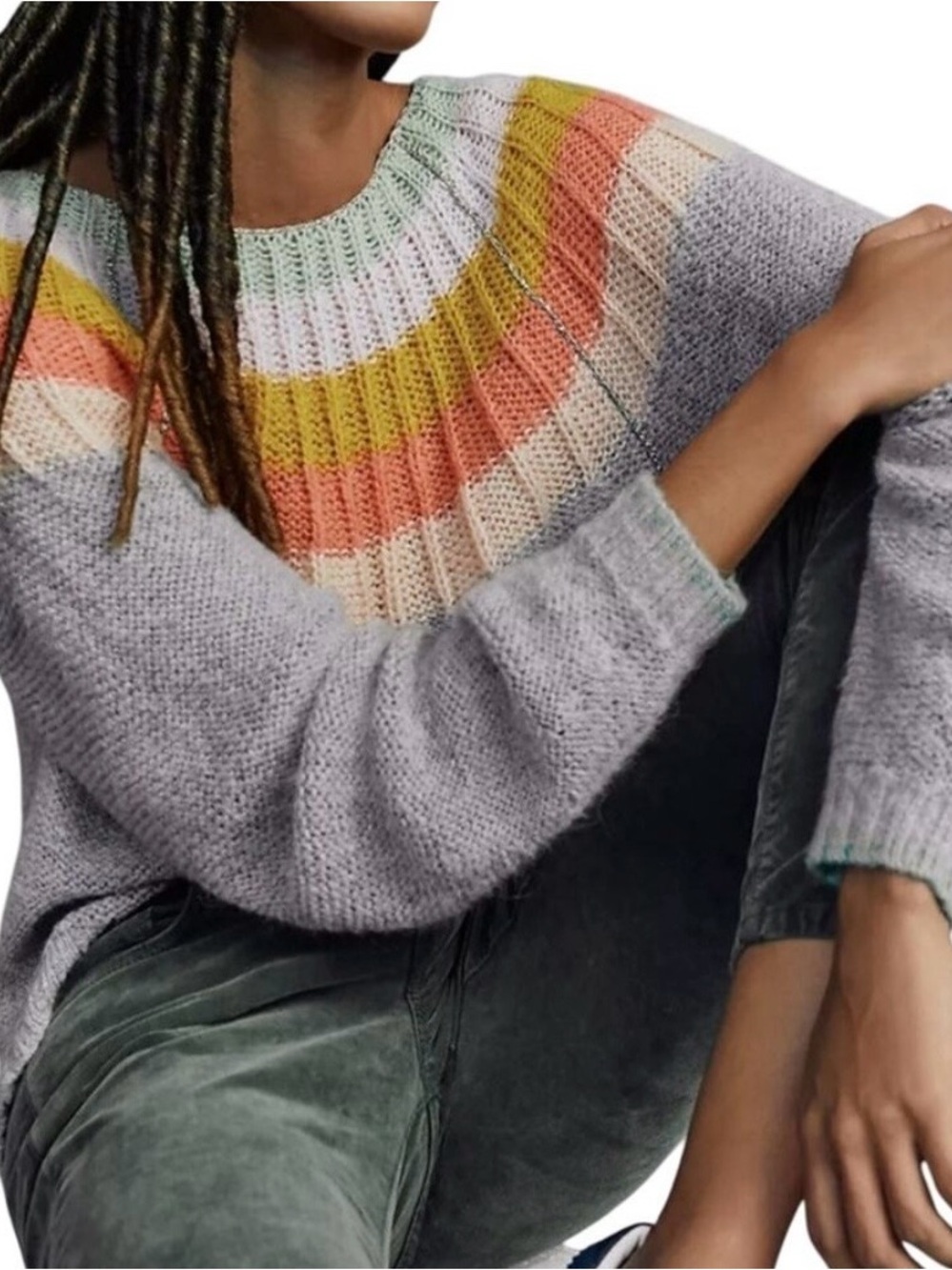 Anthropologie Colleen Sweater Gray Scoop-Neck Sweater with Pastel Rainbow Yoke - Picture 2 of 9
